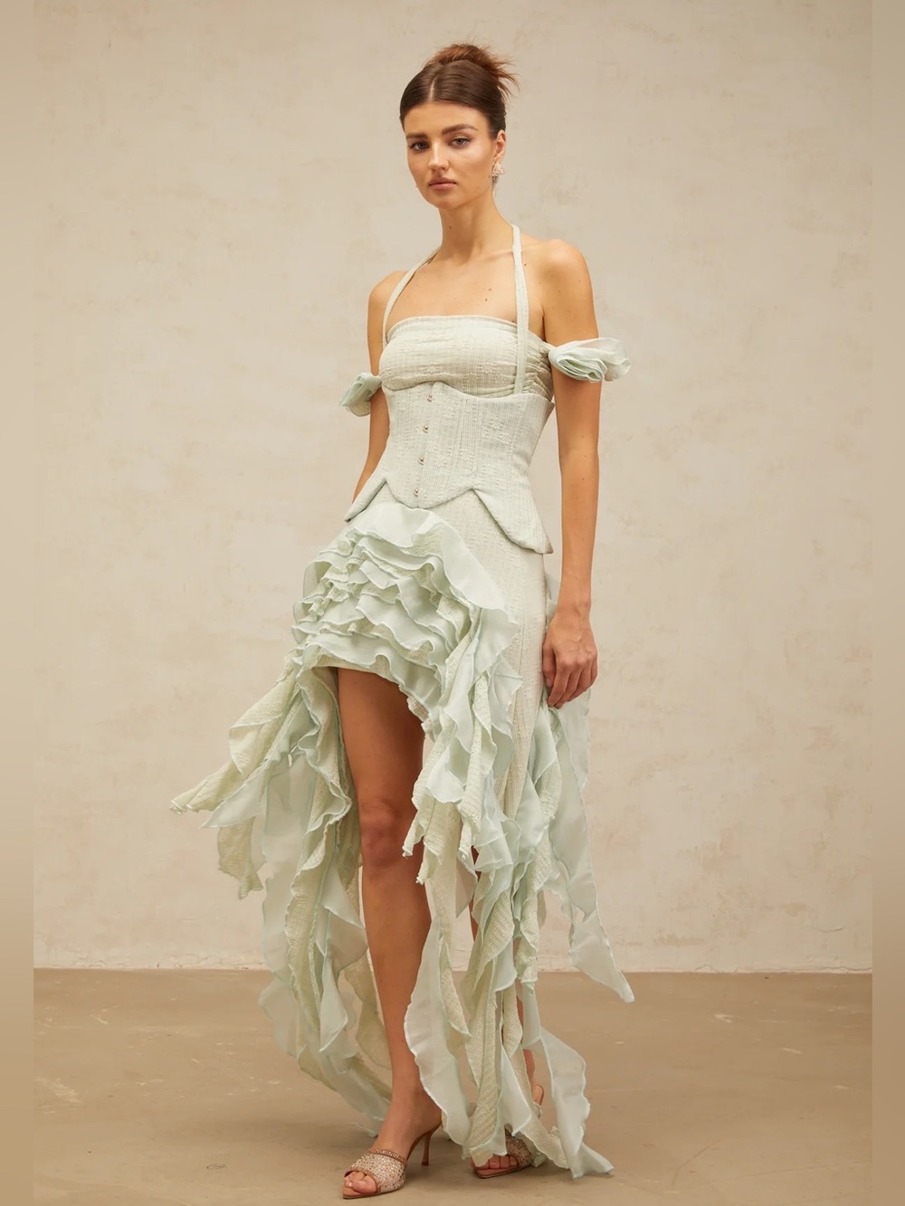 Patricia green floral-appliqué asymmetrical ruffled mini dress